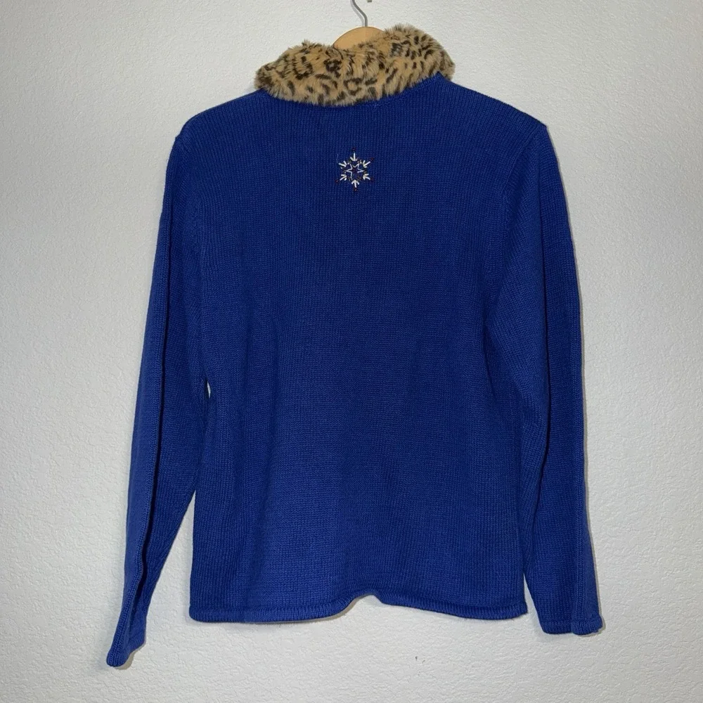 Vintage Crystal Kobe Christmas Cardigan Blue Snowman Trees Faux Fur Collar M